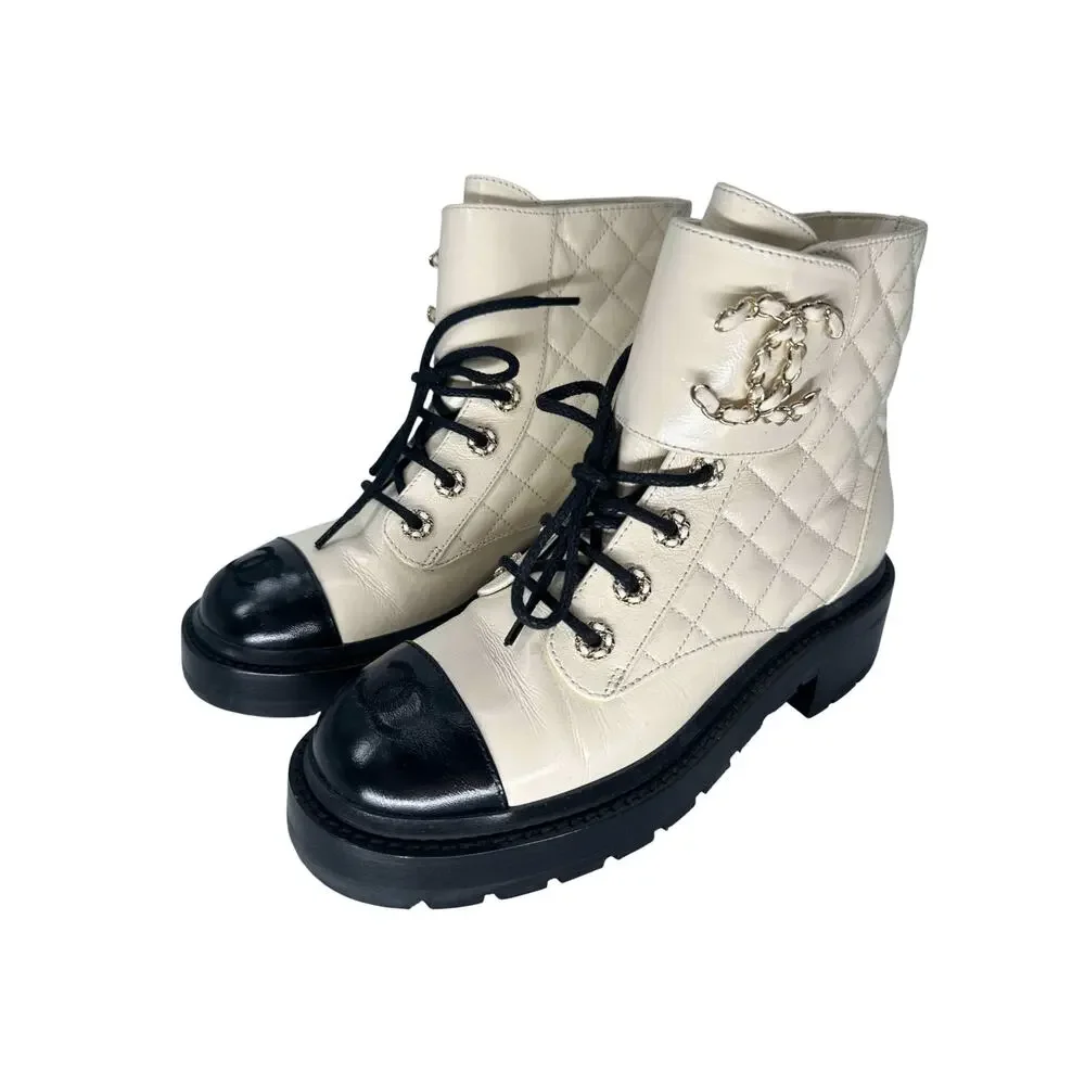 Chanel Goatskin Quilted Chain CC Cap Toe Lace Up Combat Boots Ivory Women's 37.5